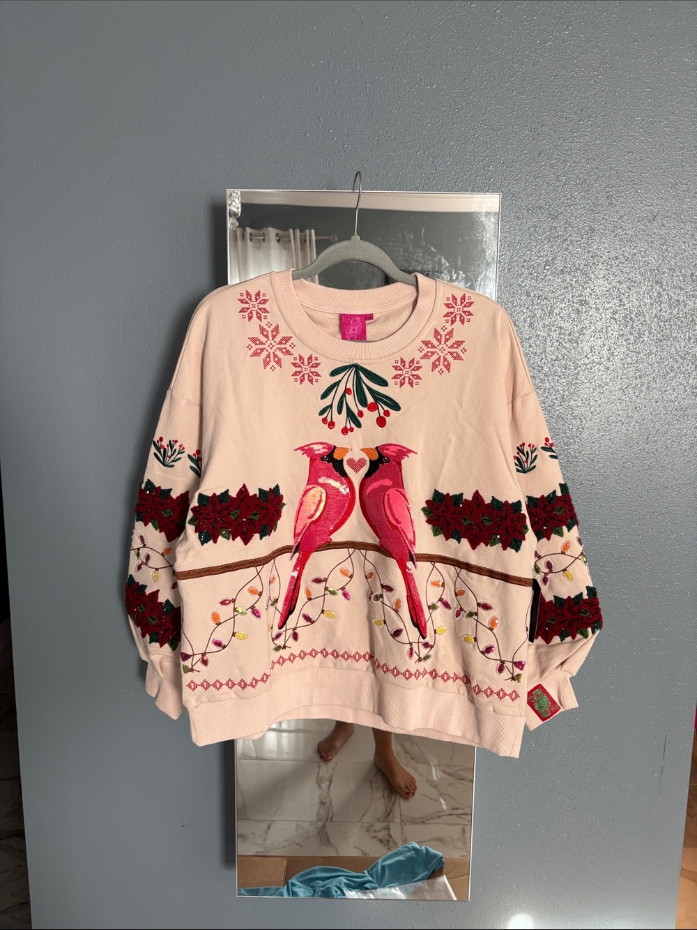 Cardinals and poinsettia Embroidered Bird & Floral Crewneck Sweater